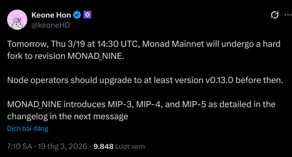 Monad: Thông báo nâng cấp MONAD_NINE